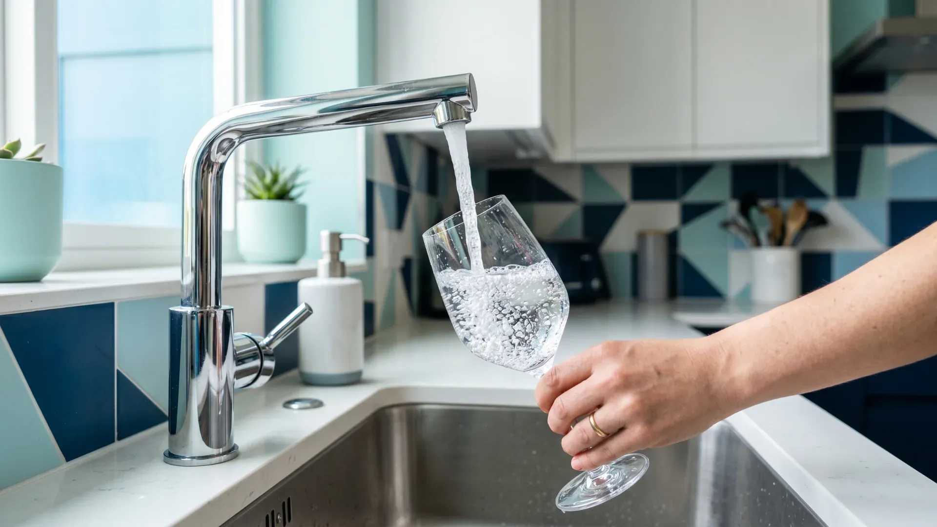 Rubinetto della cucina che riempie un bicchiere d’acqua
