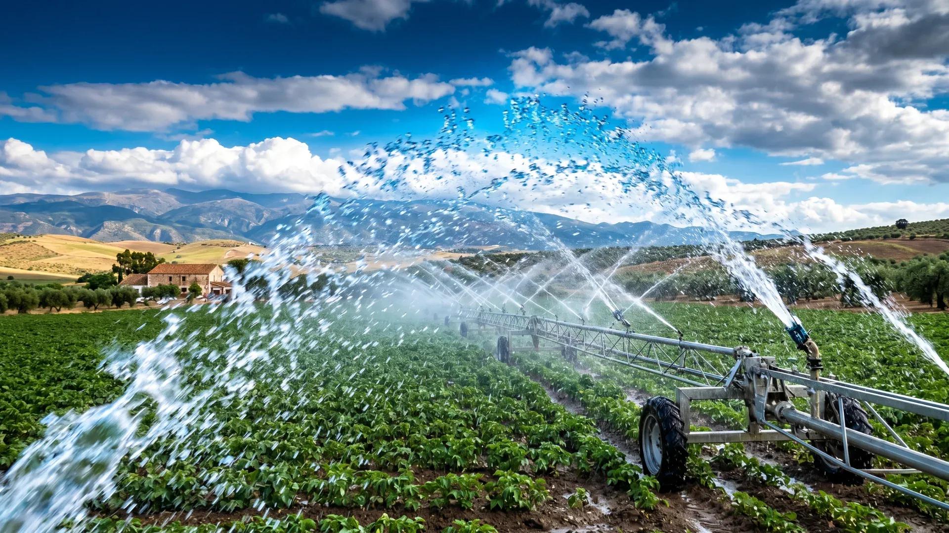 Irrigazione a pioggia in un campo coltivato