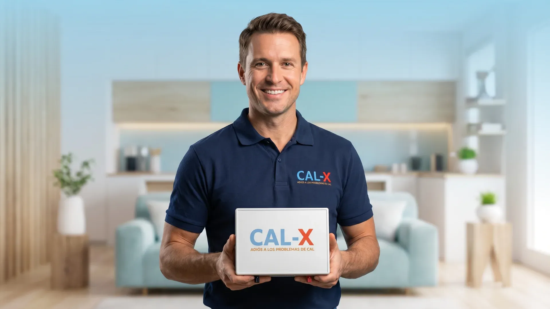 Consulente Cal-X con il dispositivo in un soggiorno