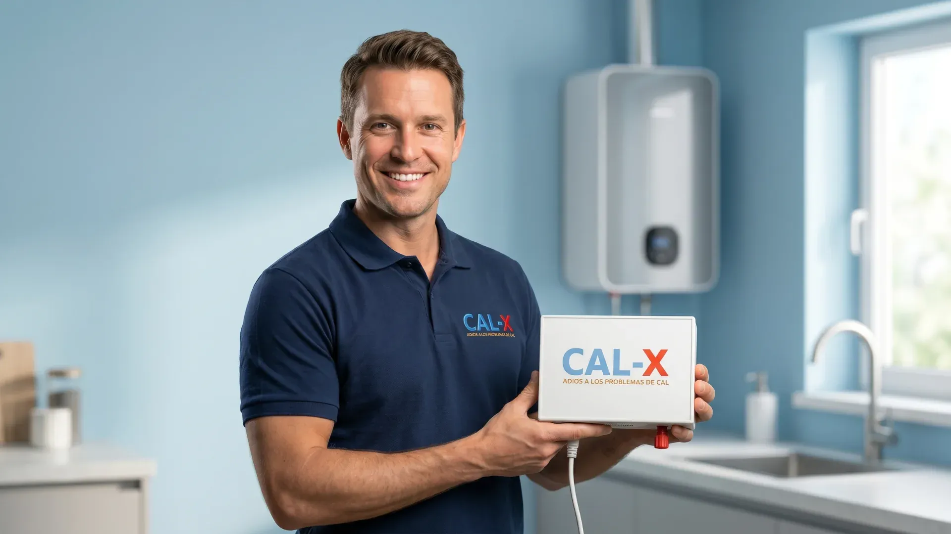 Consulente Cal-X con il dispositivo accanto a uno scaldabagno